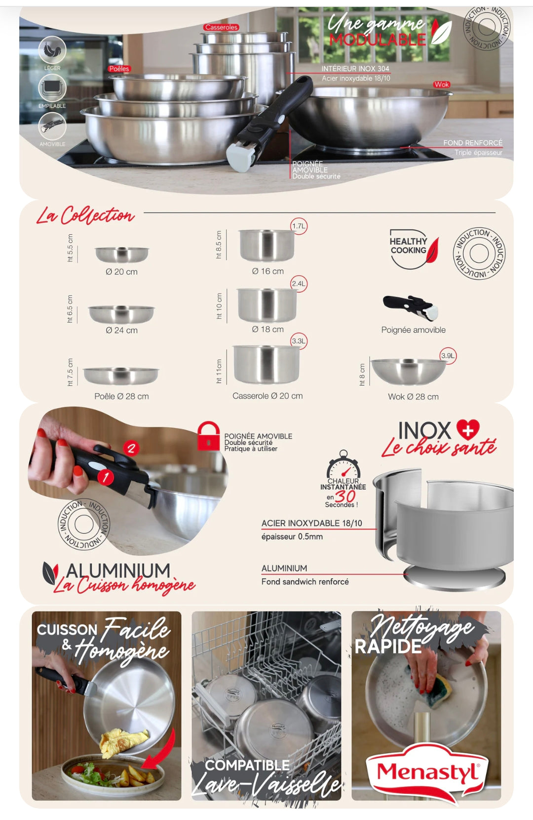 Lot de 3 Casseroles MENASTYL IRIS Inox 18/10 + Poignée Amovible – Tous Feux Induction – Neuf 🍲