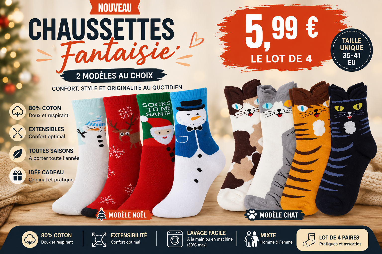 Chaussettes Fantaisie Taille Unique – Modèle Noël & Modèle Chat 🧦✨