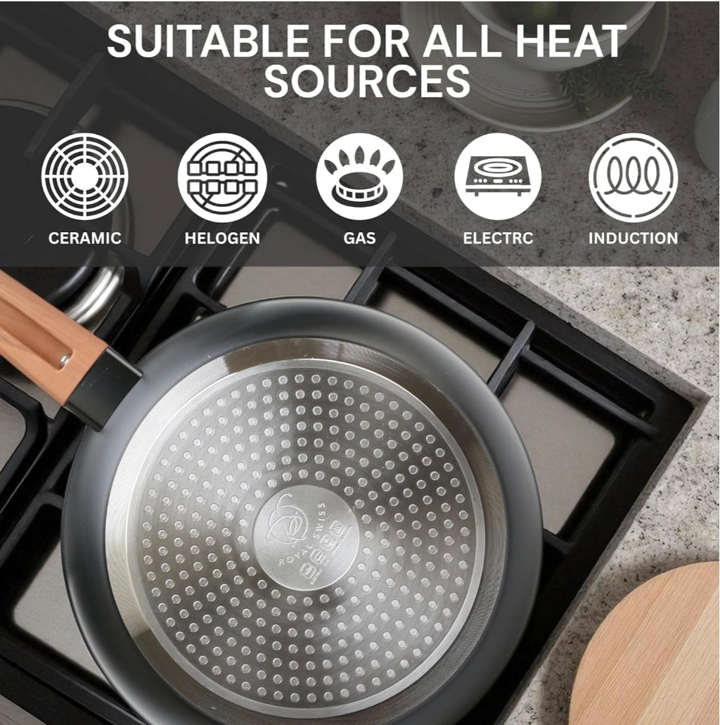 🍳 Lot de 3 Poêles Royal Swiss Antiadhésives – Induction – Beige Effet Pierre – Neuf 🍳