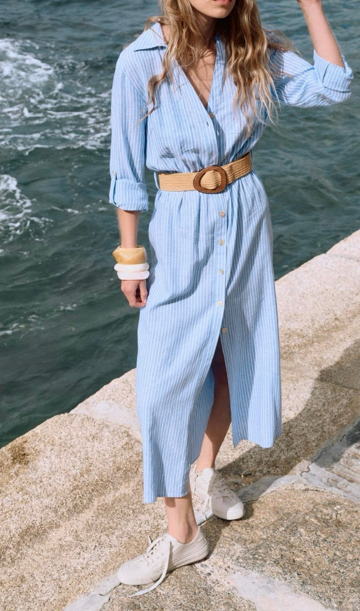 Robe Chemise Longue Femme Zara Rayée Bleu & Blanc avec Ceinture – Style Bohème Chic Été