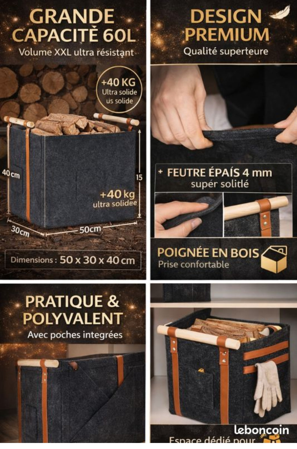 Panier à bûches en feutre 60L 🪵 – Ultra résistant & design – POIGNÉES BOIS PREMIUM – PRIX CHOC