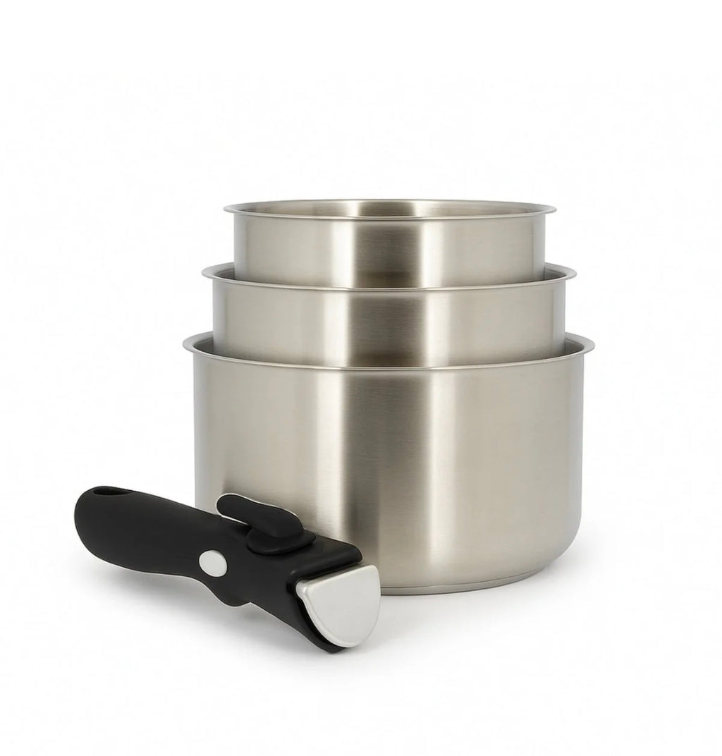 Lot de 3 Casseroles MENASTYL IRIS Inox 18/10 + Poignée Amovible – Tous Feux Induction – Neuf 🍲
