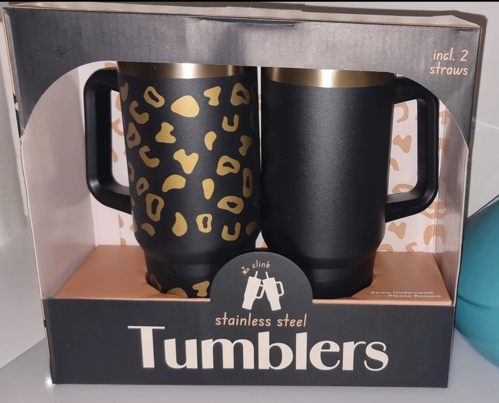 Set de 2 Tumblers isothermes en acier inoxydable avec poignée et paille