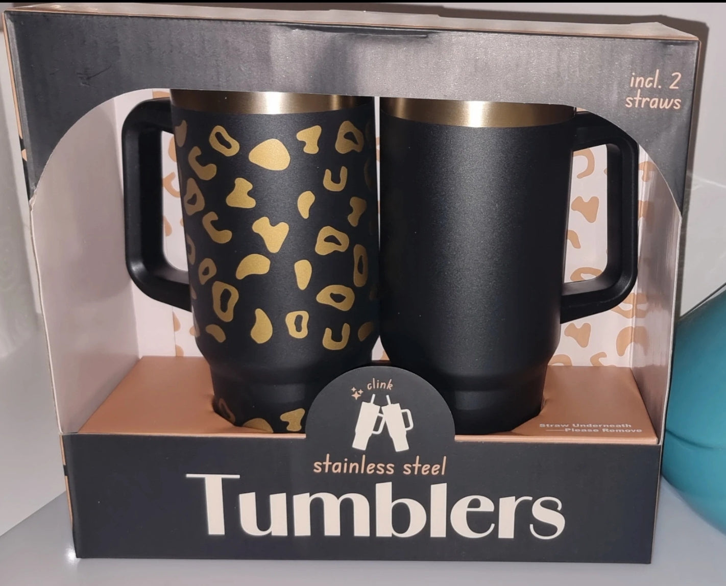 Set de 2 Tumblers isothermes en acier inoxydable avec poignée et paille