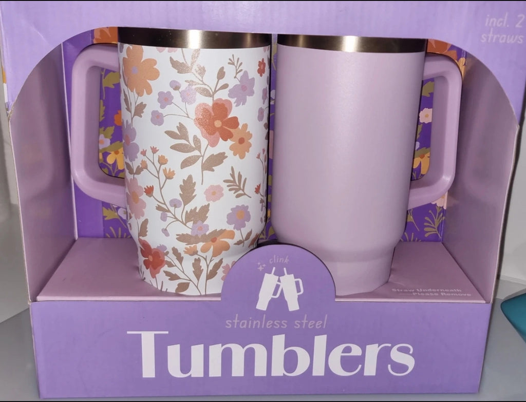 Set de 2 Tumblers isothermes en acier inoxydable avec poignée et paille