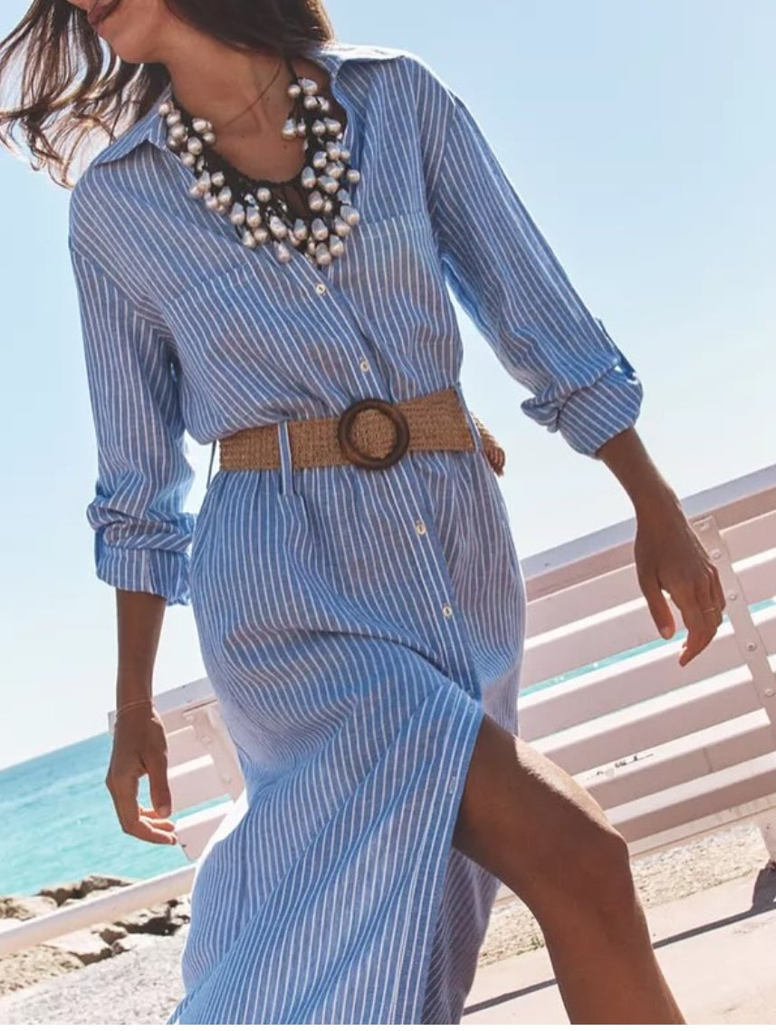 Robe Chemise Longue Femme Zara Rayée Bleu & Blanc avec Ceinture – Style Bohème Chic Été