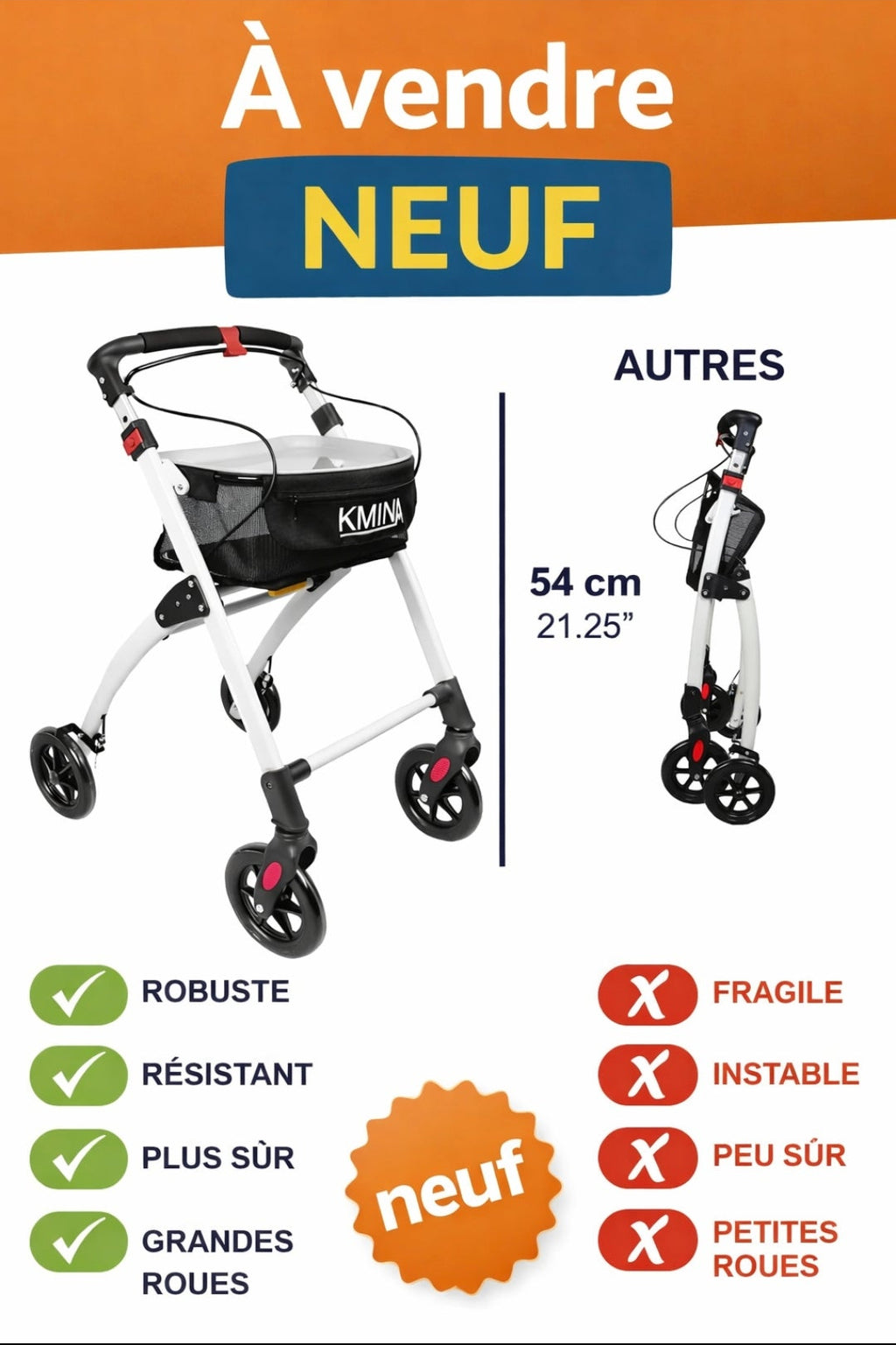 Déambulateur Rollator KMINA Neuf – Léger, Stable & Sécurisé 🚶‍♀️