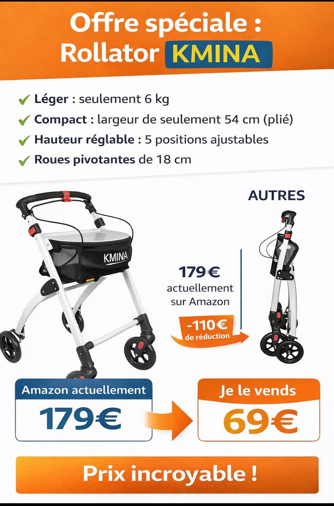 Déambulateur Rollator KMINA Neuf – Léger, Stable & Sécurisé 🚶‍♀️