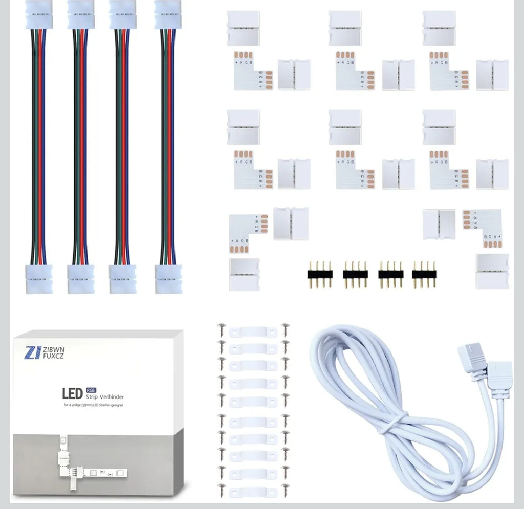 Kit Connecteurs Ruban LED RGB 4 Pins – Rallonges, Angles 90° et Clips de Fixation