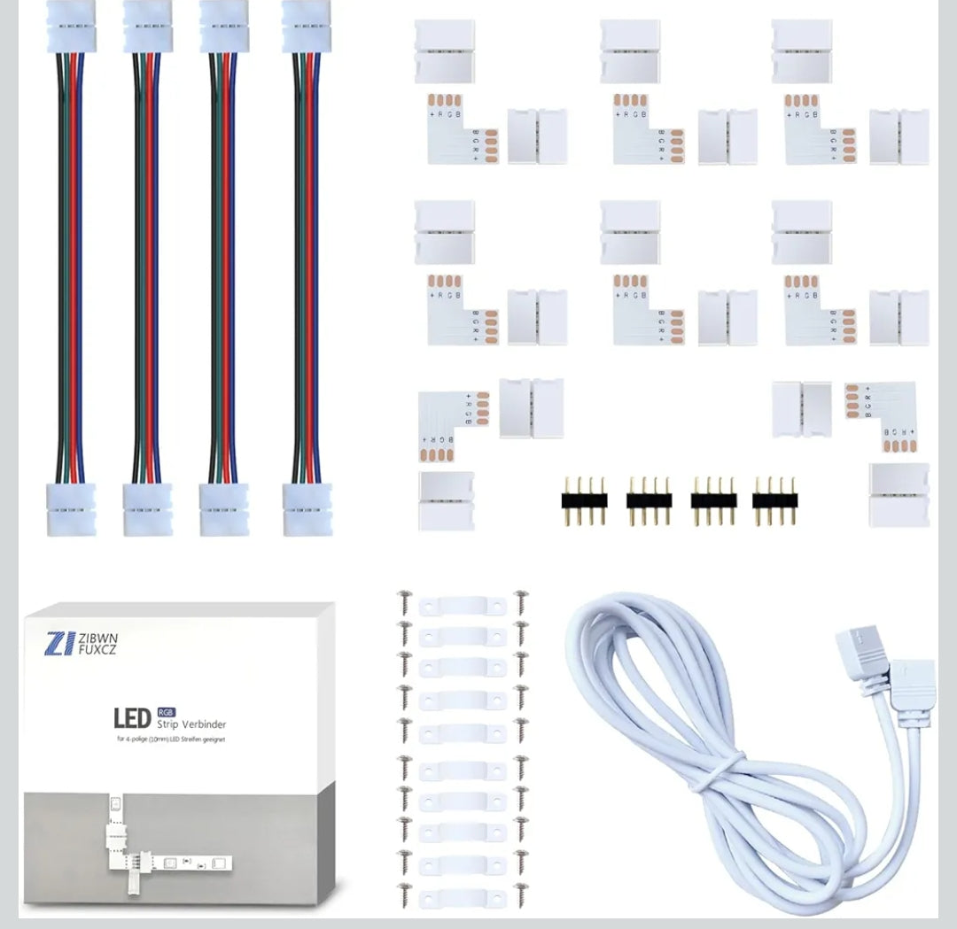 Kit Connecteurs Ruban LED RGB 4 Pins – Rallonges, Angles 90° et Clips de Fixation